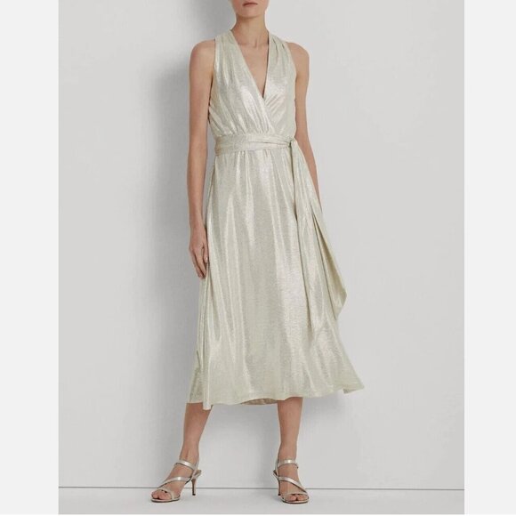 Lauren Ralph Lauren Metallic Shine Print Halter Dress Size 10 - Picture 4 of 10